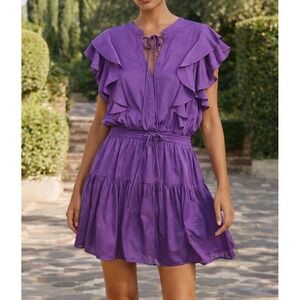 Avara Ruffle Mini Dress Women‎ XL Purple Tiered Flutter Sleeve Drawstring Waist
